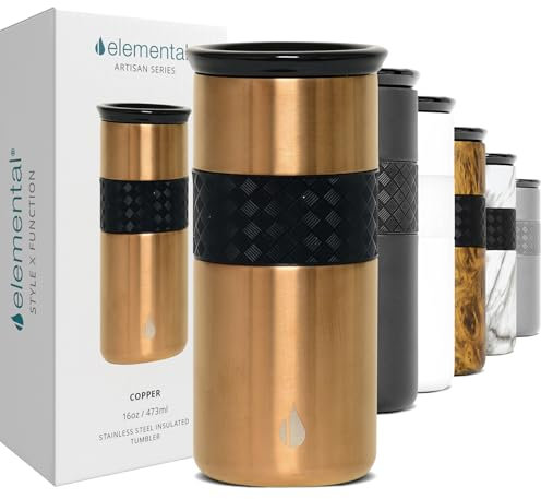 Elemental Artisan Insulated Tumbler - Triple Wall Coffee Travel Tumbler, Stainless Steel Coffee Tumbler with Ceramic Lid - Thermal Coffee Cup - Hot (6 Hrs) & Cold (18 Hrs) - Copper - 470ml