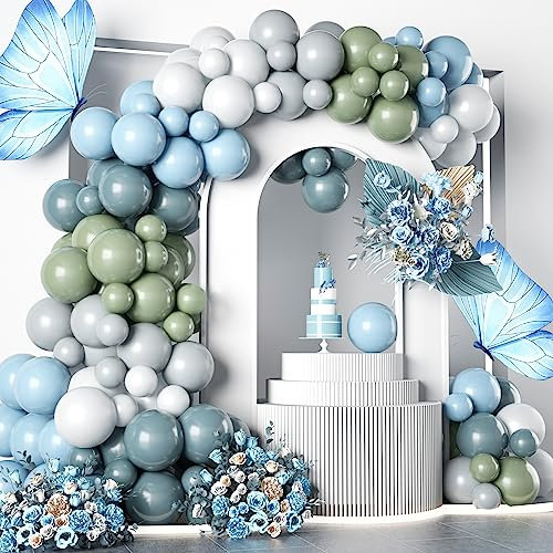 Retro Ballon Girlande Blau Grün Weiß, 112 Stück Luftballon Girlande Staubig Blau Salbeigrün Grau Weiss Latexballons Set für Jungen Mädchen Frau Boho Geburtstag Babyparty Hochzeit Party Deko