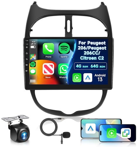 Hodozzy 8 Core 4GB+64GB Android Radio para Peugeot 206/Peugeot 206CC/Citroen C2 2002-2010, 9 Pulgadas Pantalla Táctil Carplay Android Auto, Radio 2 DIN Coche con GPS Bluetooth DSP WiFi FM RDS Cámara