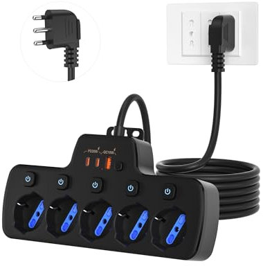 Ciabatta Multipresa con Interruttori Indipendenti,5 Posti Polivalenti Schuko Bipasso 10/16A,Prese Multiple Elettriche Salvaspazio,Presa Elettrica Angolate 45°,Spina Ita Grande 16A,Cavo 1,5 Metri,Nero
