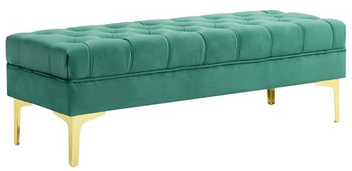 HOMCOM - Banco para Banco Acolchado con Punta de Cama, Estilo clásico Chic Dim. 118 x 45 x 42 cm. Base de Metal Dorado Terciopelo Verde