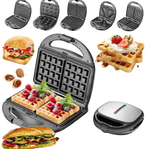 JUNG AD3040 Multifunktionaler 5-in-1 Sandwichmaker – 1200W Waffeleisen, Kontaktgrill, Nussbäcker – Antihaft-Platten, BPA-frei, platzsparend, leichte Reinigung