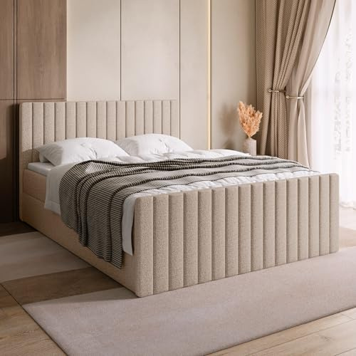 BROMARKT Boxspringbett 160x200 mit Bettkasten Topper Härte H3 Beige | Doppelbett mit Bonellmatratze gepolsterte Kopfstütze Fußteil Polsterbett Bett Bed Jugendbett Einzelbett hinterteil DREAM DUO