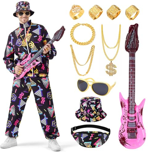 Cheffery 80er 90er Jahre Outfit Herren, 80er Retro Trainingsanzug mit Jacke und Hose, Faschingskostüme Jogginganzug 13Stk, Karneval Kostüm Hip Hop Sportbekleidung mit Goldkette Sonnenbrille Bass