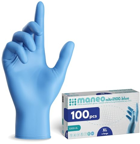maneo 100x Einweghandschuhe Blau, Nitril Handschuhe puderfrei XL | Einmalhandschuhe, Handschuhe Einweg, latexfreie Gummihandschuhe, Nitrilhandschuhe, Putz-, Koch- & Haushalts-Handschuhe