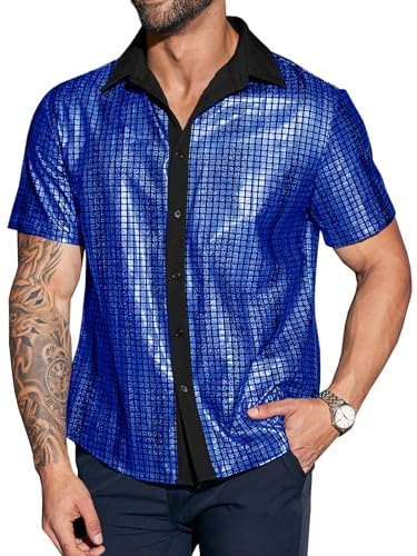 Runcati Herren Disco Hemd Kurzarm 70er Glitzer Hemden Männer Sommer Vintage Pailletten Party Shirt Karneval Kostüm Nachtclub Oberteil
