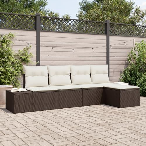 IBUQDDV 5-TLG. Garten-Sofagarnitur mit Kissen in Braun und Weiß aus robustem Poly Rattan, wetterfestes Outdoor-Sofa-Set mit modularem Design und Verstellbarer Konfiguration