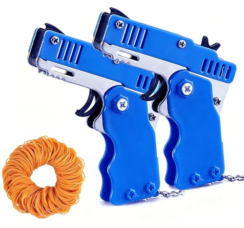 QKUDNGHY 2pcs Rubber Band Launcher Toy Keychain Mini Metal Folding Rubber Launcher Toy Elastic Rubber Bands for Game Outdoor Activities (2pcs Blue)