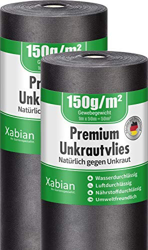 Xabian Anti Unkrautvlies 150g/m² Gartenvlies 2 Rollen 50m x 1m = 100m² I Unkrautfolie sehr hohe UV-Stabilisierung - extrem reißfest und wasserdurchlässig