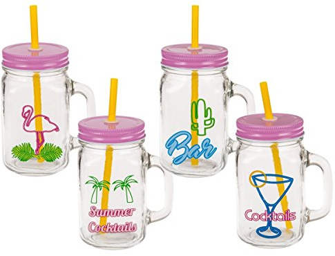 Trinkgläser Retro Summer mit Deckel und Strohhalm, 450 ml, Maße je Glas: 13,5 x 7 x 7 cm, 6er-Set. 4 Motive/Farbkombinationen: Flamingo, Martini-Glas, Kaktus, Palmen. Bieten Schutz vor Insekten.