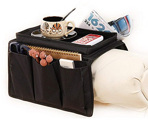 IPENNY Accoudoir Organisateur Sac de Rangement pour Accoudoir de Canapé avec Plateau et Multi-Pochette en Polyester pour Portable Tablette Bloc-notes Tasse Magazine Livre Télécommande TV