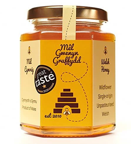 Mêl Gwenyn Gruffydd | Local Welsh British Pure Honey | Natural Blossom Unpasteurised Honey | 340g Glass jar | Wildflower Honey | Raw Honey British | Natural Honey