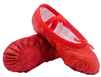 EXCEART Girls Ballet Shoes Size 4 Glitter Pu Leather Soft Sole Dance Flats for Gymnastics and Ballet Practice Red