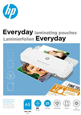 HP Everyday Laminierfolien, DIN A5, 80 Micron, glänzend, transparent, zum Heißlaminieren, 25 Stück, 9155