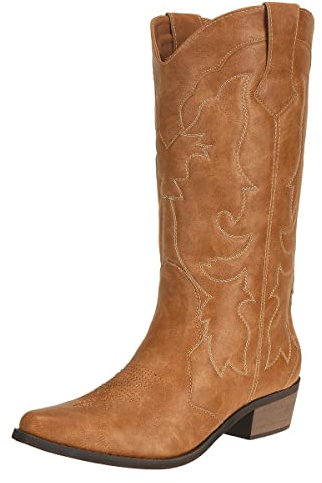 Ladies Cowgirl Cowboy Boots for Women Block Heel Pu Leather Western Wedding Shoes Tan Size 5