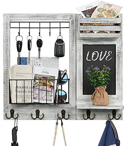 Optyuwah Key Holder for Wall Key Hooks Wall Mounted, Wooden Magazine Holder Wall Key Holder Newspaper Letter Holder Mail Organiser with 10 Hooks, Key Hanger Rack for Entryway Home Office