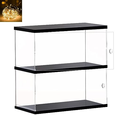 HEYJOY Clear Acrylic Display Case for Mini Funko Pop Figures with Light, 2 Layer Storage Cabinet Shelf Showcase for Toys Mini Figures Collectibles Rock Stone Crystals, Wooden 10.2x4.7x11.4inch