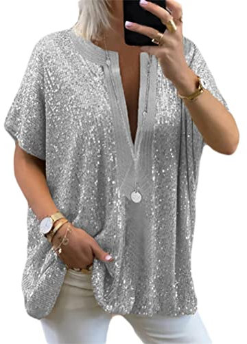 Minetom Damen Glänzend Pailletten T-Shirt Kurzarm Blusen V-Ausschnitt Lose Oversize Shirt Casual Oberteile Top A Silber 3XL