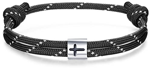 J.Endéar Kreuz Nautisches Armband Herren | Handgefertigtes Segeltau Paracord mit Silber 925 Spirit Armband Damen | Jungen Geschenk Surf Sea Armband, Schwarz