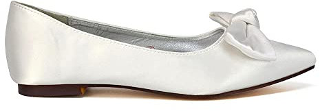 ESSEX GLAM Flache Braut-Pumps für Damen, Satin-Schleife, spitzer Zehenbereich, Brautjungfer, Hochzeitsschuhe, Größe 36-42, weiß - white satin, 38 EU