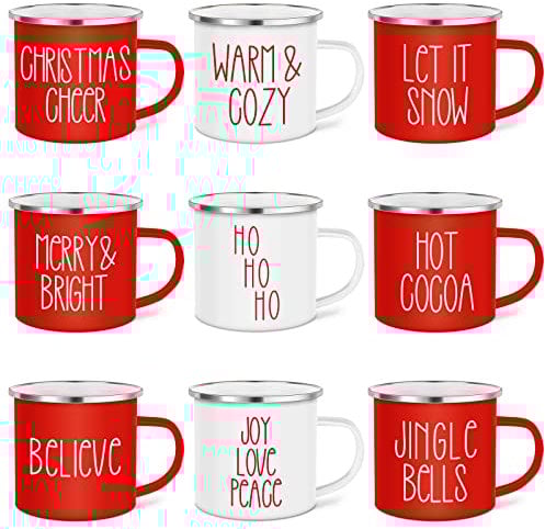 Sieral 9 Stück Weihnachts-Kaffeetasse aus Emaille, Winterurlaub, Kaffeetassen mit Zitaten, 340 ml, saisonale Frohe Weihnachten, Tassen, weiße und rote Weihnachtstassen, Kollegen, Kinder