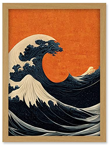Doppelganger33 LTD Minimalist Orange Sunset Sky Modern Style Of Great Wave Off Kanagawa Artwork Framed Wall Art Print A4