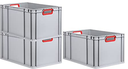 PROREGAL SuperSparSet 3x Eurobox NextGen Color | HxBxT 32x40x60cm | 65 Liter | Griffe rot offen | Verstärkter Boden | Eurobehälter, Transportbox, Transportbehälter, Stapelbehälter