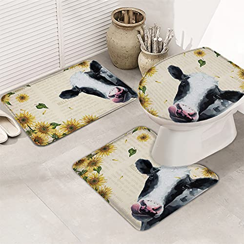 3 Teiliges Badteppich Set Tierische Kuh Und Gelbe Sonnenblume, Ländlicher Bauernhof, Retro-Zeitungshintergrund Anti-Rutsch Kontur Badteppich Weiche Wc-Sitzbezug Badgarnitur Matte