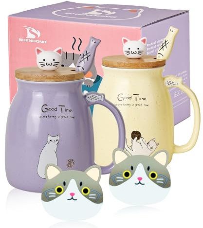 2 Pack Cute Ceramic Coffee Cups Set of 2 with Kawaii Bamboo Lid and Spoon Novelty Morning Cup Coffee Milk Tea Mugs - 3D Animal Cat Mugs for Cat Lovers Women Gifts (Purple and Yellow)