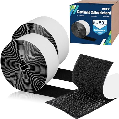 EOGRFW Klettband Selbstklebend Extra Stark,5m x 50mm Doppelseitiges Klettband,Selbstklebendes Klettband Breit,Klettverschluss Selbstklebend mit Flauschband und Hakenband (Schwarz)