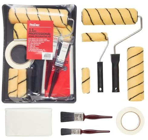 ProDec 11 pc Professional Home Decorating Kit, Paint Rollers & Tray Set with Paint Brushes, Dust Sheet, Masking Tape - Roller Sets for Painting Walls & Ceilings with Emulsion, Mini Roller for Emulsion