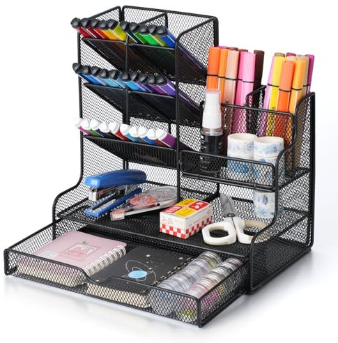 NUODWELL Organiseur de bureau en maille avec tiroir, porte-stylos multifonction pour la maison, le bureau et l'école (maille B17 noir)