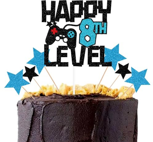 bng-bng 8 Birthday Cake Topper Glittery Happy 8th Level Birthday Game Theme Party Cake Cupcake Toppers For Boys and Girls 8 Eight Years Old Cake Decorations