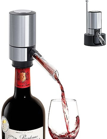 ELMWAY Electric Wine Aerator & Pourer with Storage Base - Stainless Steel Dispenser, Enhances Wine Flavor & Aroma, Durable Stainless Internal Conduit, Battery Operated (4 x AAA Required, Not Included)