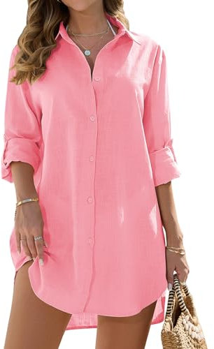 RITOSTA Robe de Plage Femme Coton Chemise de Plage pour Maillot de Bain Couvrir Kimono Tunique Plage Boutonné Cache-Maillots et Sarongs Col V Bikini Cover Up Blouse(Rose,XL)