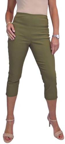 Paulo Due Women's Pull On Cropped Trousers Ladies Summer Stretch Bengaline Elasticated Waist Summer Capri Khaki Green 8-20 (18)