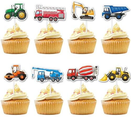 WERNNSAI Construction Cupcake Topper - Construction Zone Birthday Party Supplies 40 Pcs Dump Truck Excavator Tractor Cake Food Picks for Boys Kids Birthday Baby Shower Cake and Muffin Decorations