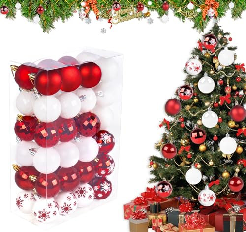 ilauke 48 Bolas de Navidad Rojas Blancas,5cm Bolas de Arbol de Navidad de Plástico Irrompibles para Decoración Navidad,8 Estilos Adornos de Navidad,Regalos Originales para Decoración de Casa