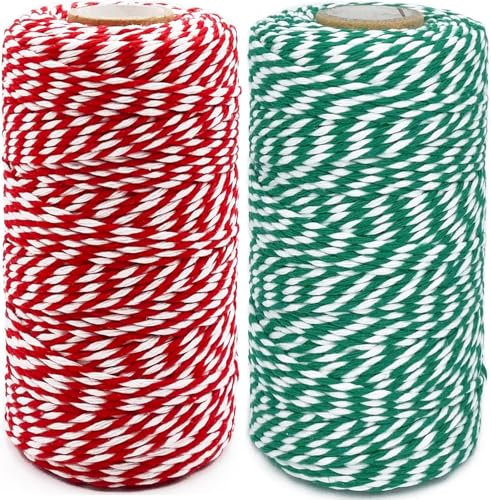 Christmas Twine 2 Rolls 200m 2mm Baker String - Green White and Red White Cotton for Crafts, DIY Home Decoration, String Art, Gardening, Baking, Butchers Cord