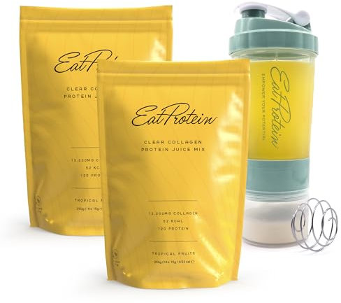 EatProtein Hydrolyzed Collagen Juice | 13,200mg Type 1&3 Collagen | Powered by Zinc, VIT C, B6 & Magnesium | 12g Protein | 32x Servings - Tropical Fruits Flavour - with Shaker
