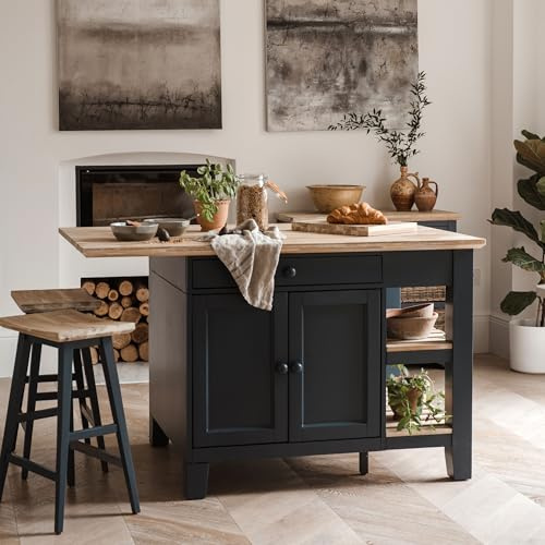 Florence Kitchen Island With Cupboard 2 Drawers and Shelves | Large Breakfast Bar Island W150cm, H91cm, D90cm with Chopping Board & Wooden Drawer Utensils Organiser, Double-Sided (navy blue)