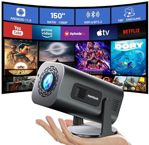 MENTECH Mini Beamer 4K, Mini Projektor mit WiFi und Bluetooth, 1080P Full HD Unterstützt, 180°Verstellbarer Standfuß Tragbarer Projektor, Unterstützung 2.4G/5G WiFi6, Android TV 11.0