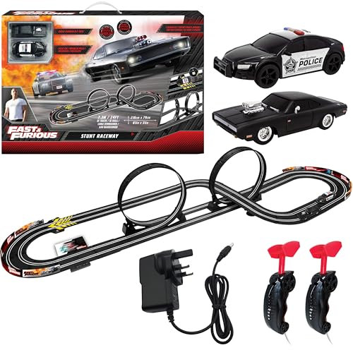 Fast & Furious Stunt Raceway Electric Racetrack Slot Car Set Age 5+, 2x 1:43 Replica Cars, With 360 Loops & Lap Counter, Track 7.3M / 24FT Racetrack For Kids, UK 3-Pin Plug