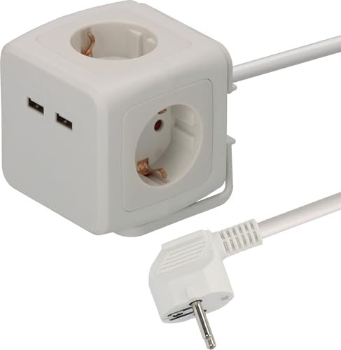 BAT Steckdosenwürfel 4-Fach mit 2X USB (Mehrfachsteckdose mit erhöhtem Berührungsschutz und 1,4m Kabel) weiß
