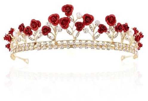Rote Rosen-Diademe, Strasskrone, Rose Strass-Krone Hochzeit, Diadem, Rosen Kronen Tiara, Krone Halloween, Diadem Damen, Tiara Rot, Geeignet für Karneval, Valentinstag, Hochzeitshaarschmuck (A)