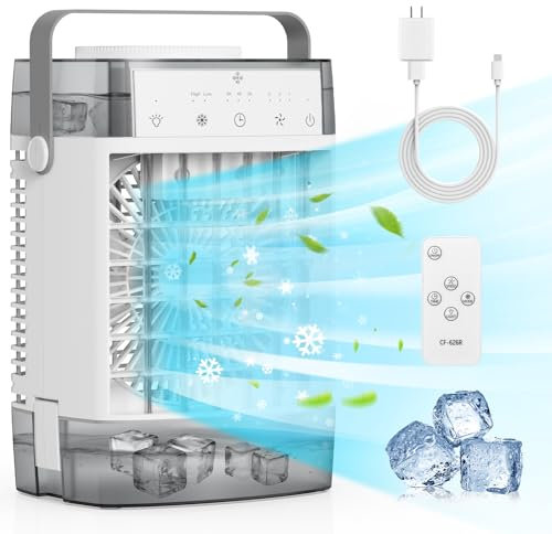 Aire acondicionado portátil, enfriador de aire con control remoto, evaporativo, mini aire acondicionado personal, 3 velocidades de viento, temporizador de 2-4-8 horas, 3 modos, luz nocturna colorida