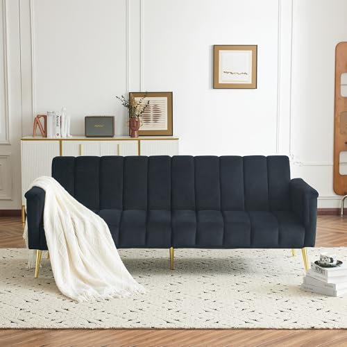 Schlafsofa mit Bettfunktion, 2-Sitzer mit verstellbaren Armlehnen und Rückenlehnen, Samtbezug, Polstersofa, Loungesofa (schwarz)