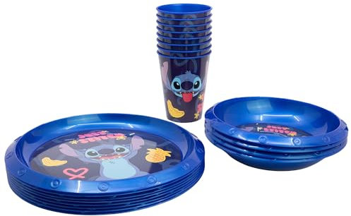 Lot de 8 assiettes, 4 bols et 8 gobelets en plastique Stitch