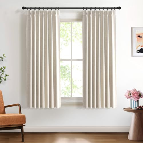 DEFYNEE 100% Blackout Curtains for Bedroom, Pinch Pleated Curtain, Linen-Look Thermal Insulated, with Back Tab & Hooks, for Living Room, Office, 2 Panels,40x63L,Cream