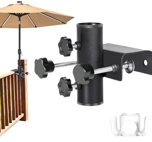 Sonnenschirmhalter Balkonschirmhalter, Robuste Metall Halterung für Balkongeländer, Gartenzaun & Terrassendielen, Einstellbar Klemmbereich (20-63 mm), Für Schirmstangendurchmesser 23-38 mm, Schwarz
